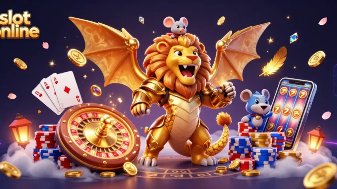 Experience the excitement of playing slot online with a vibrant 3D fantasy scene of a chimera and treasures.